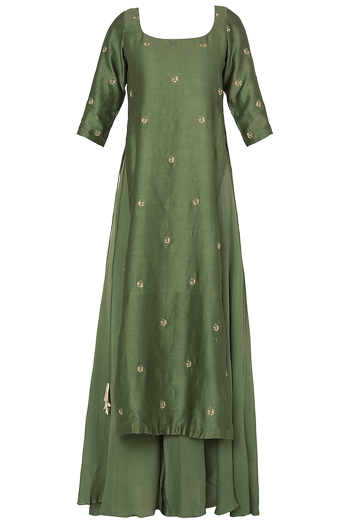 Pine Green Crepe Embroidered Tunic Set For Girls by Pleats by Kaksha - Kids