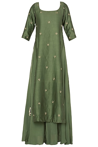 Pine Green Crepe Embroidered Tunic Set For Girls by Pleats by Kaksha - Kids
