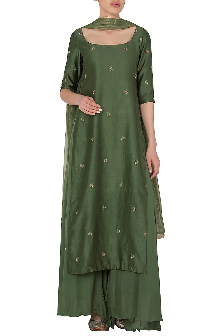 Pine Green Crepe Embroidered Tunic Set For Girls by Pleats by Kaksha - Kids at Pernia's Pop Up Shop