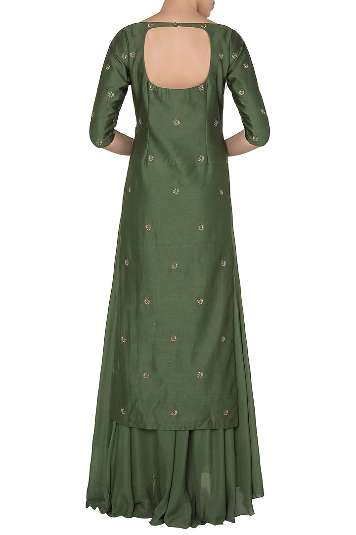 Pine Green Crepe Embroidered Tunic Set For Girls by Pleats by Kaksha - Kids at Pernia's Pop Up Shop