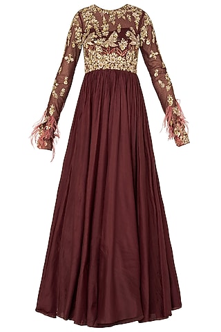 Maroon Crepe Anarkali Set For Girls by Pleats by Kaksha - Kids