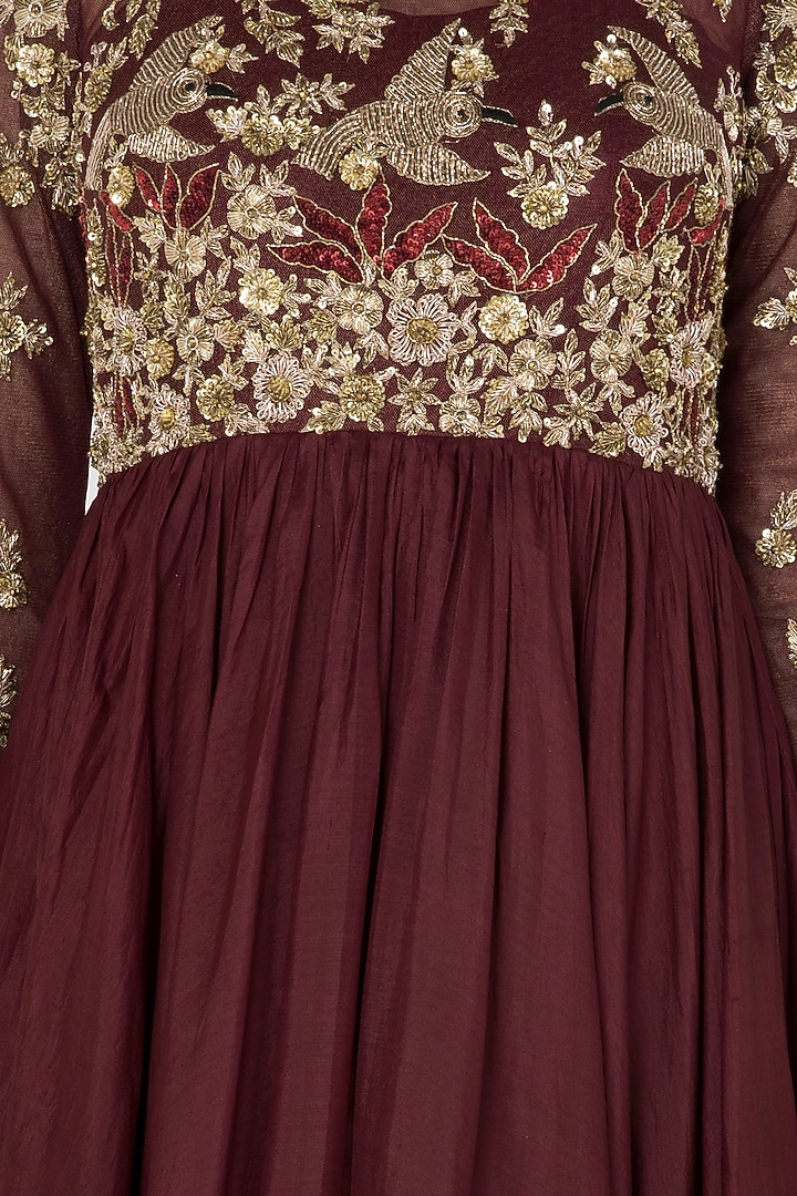 Maroon Crepe Anarkali Set For Girls by Pleats by Kaksha - Kids at Pernia's Pop Up Shop