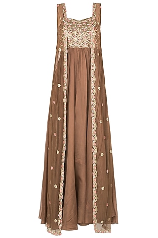 Brown Crepe Embroidered Tunic With Jacket For Girls by Pleats by Kaksha - Kids