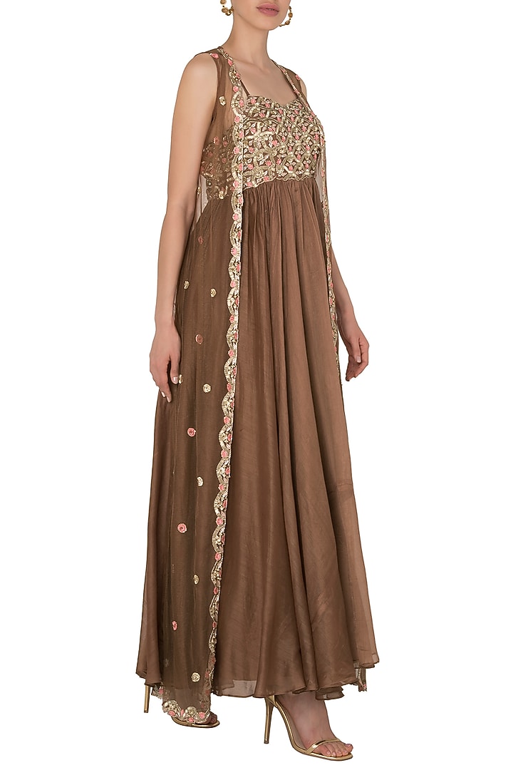 Brown Crepe Embroidered Tunic With Jacket For Girls by Pleats by Kaksha - Kids at Pernia's Pop Up Shop