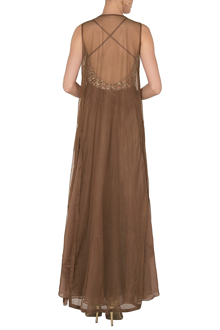 Brown Crepe Embroidered Tunic With Jacket For Girls by Pleats by Kaksha - Kids at Pernia's Pop Up Shop