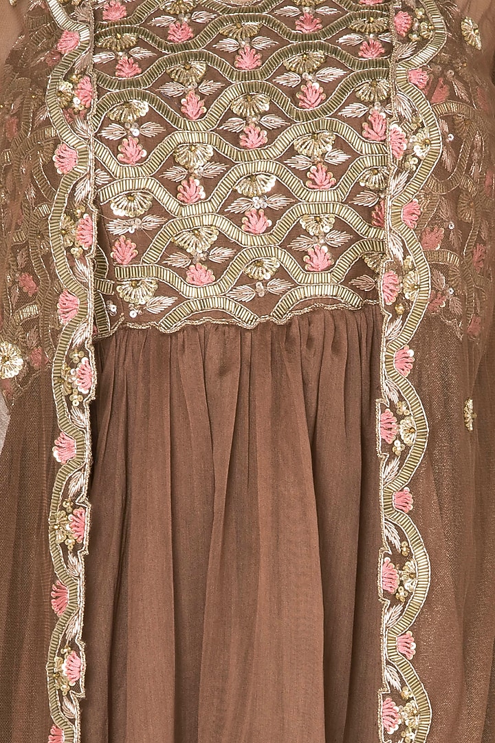 Brown Crepe Embroidered Tunic With Jacket For Girls by Pleats by Kaksha - Kids at Pernia's Pop Up Shop
