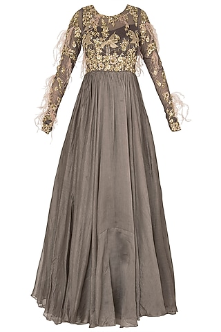 Dark Grey Crepe Embroidered Anarkali Set For Girls by Pleats by Kaksha - Kids