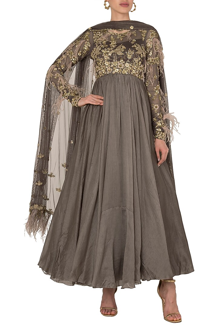 Dark Grey Crepe Embroidered Anarkali Set For Girls by Pleats by Kaksha - Kids at Pernia's Pop Up Shop