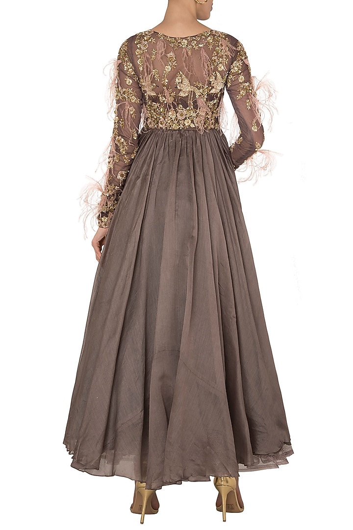 Dark Grey Crepe Embroidered Anarkali Set For Girls by Pleats by Kaksha - Kids at Pernia's Pop Up Shop