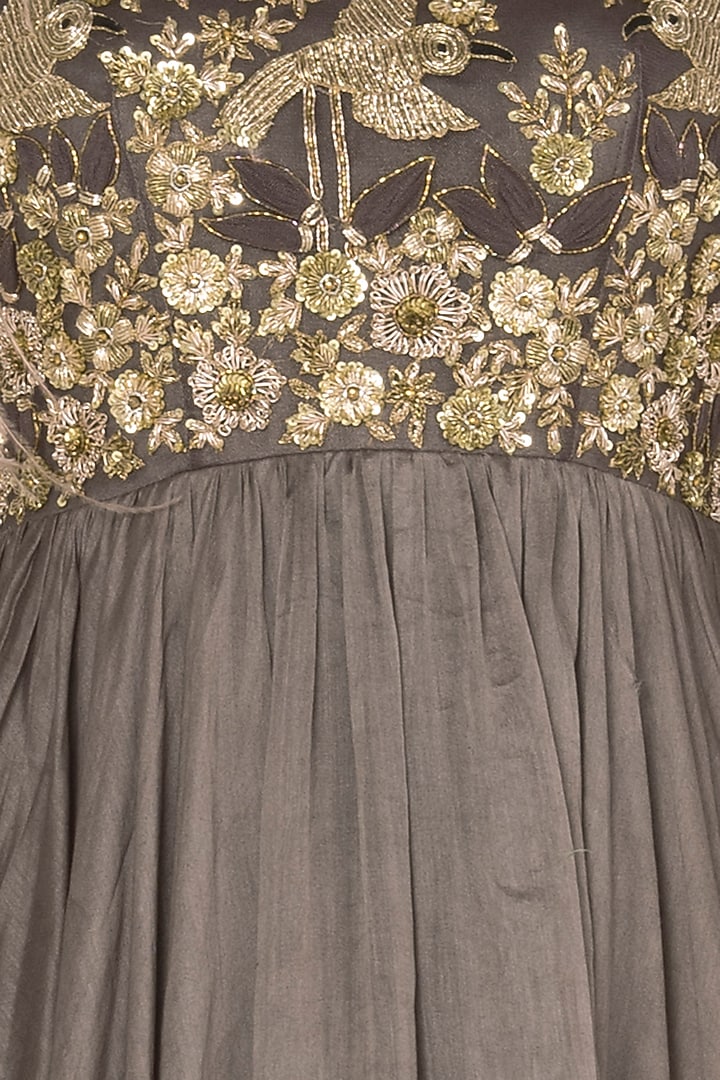 Dark Grey Crepe Embroidered Anarkali Set For Girls by Pleats by Kaksha - Kids at Pernia's Pop Up Shop