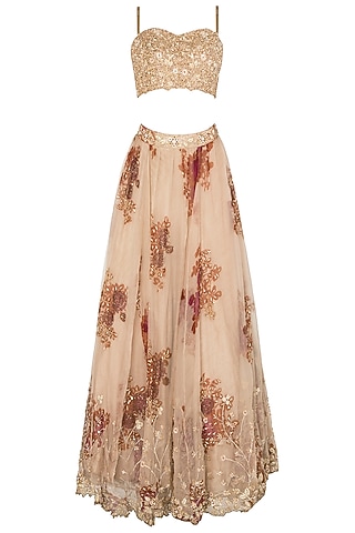 Ivory Organza Floral Printed Lehenga Set For Girls by Pleats by Kaksha - Kids