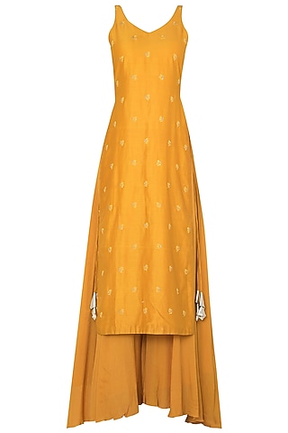 Yellow Crepe Tunic Set For Girls by Pleats by Kaksha - Kids