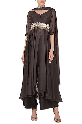 Dark Grey Crepe Embroidered Tunic Set For Girls by Pleats by Kaksha - Kids