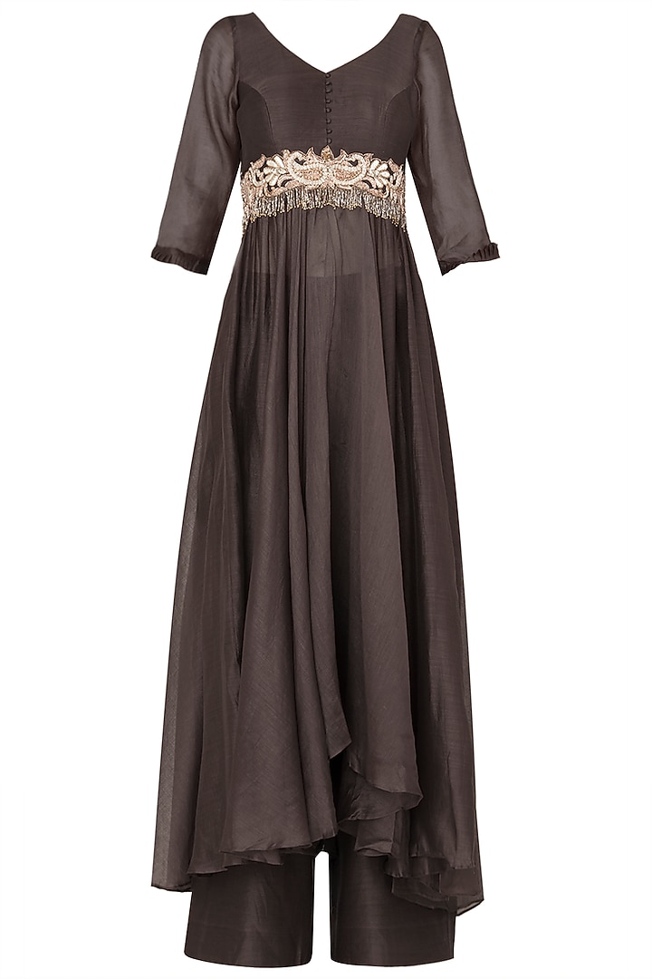 Dark Grey Crepe Embroidered Tunic Set For Girls by Pleats by Kaksha - Kids at Pernia's Pop Up Shop