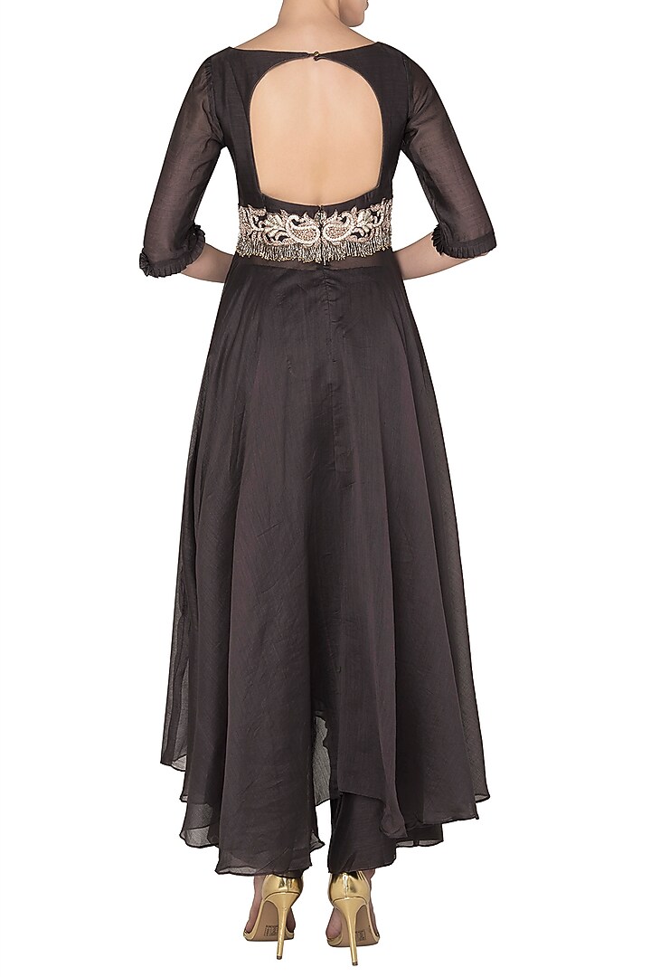Dark Grey Crepe Embroidered Tunic Set For Girls by Pleats by Kaksha - Kids at Pernia's Pop Up Shop