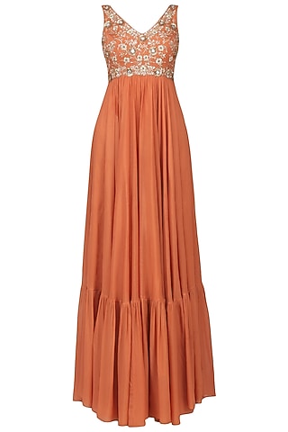 Orange Silk Georgette Embroidered Anarkali Set For Girls by Pleats by Kaksha - Kids