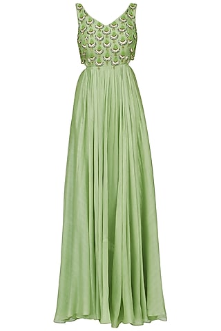 Mint Chanderi Embroidered Anarkali Set For Girls by Pleats by Kaksha - Kids
