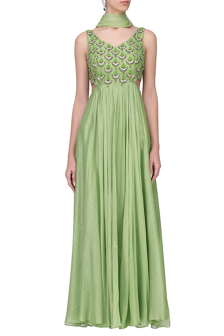 Mint Chanderi Embroidered Anarkali Set For Girls by Pleats by Kaksha - Kids at Pernia's Pop Up Shop