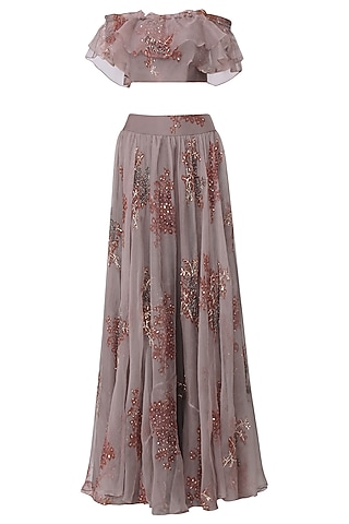 Purple Organza Printed Skirt Set For Girls by Pleats by Kaksha - Kids
