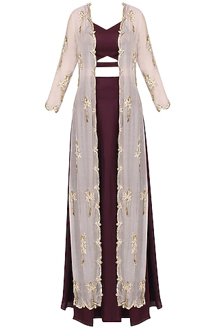 Marsala Silk Embroidered Jacket Set For Girls by Pleats by Kaksha - Kids