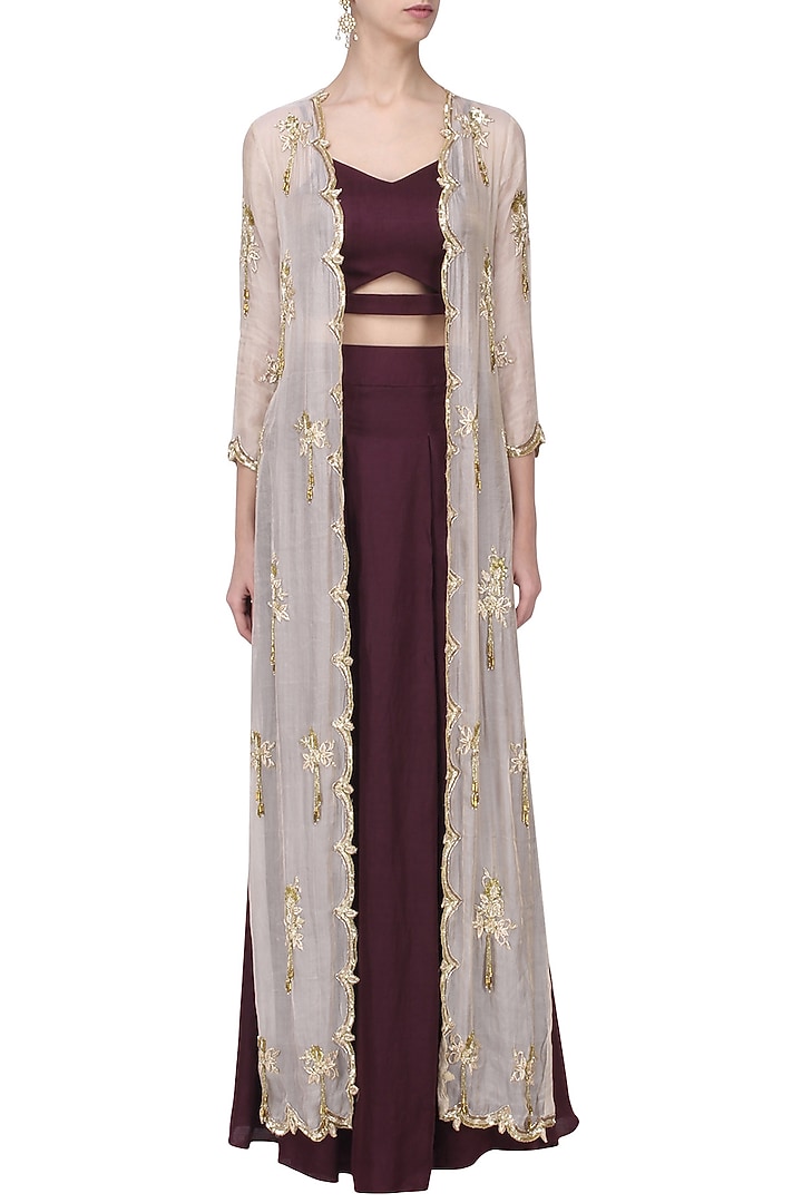 Marsala Silk Embroidered Jacket Set For Girls by Pleats by Kaksha - Kids at Pernia's Pop Up Shop
