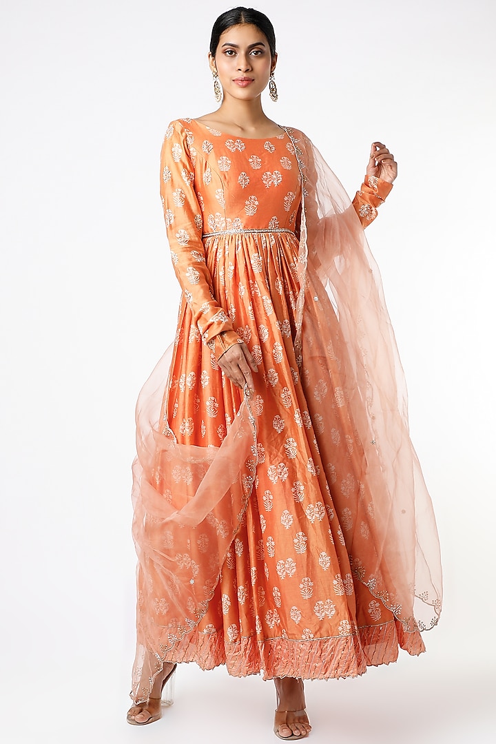 Orange Printed Anarkali Set For Girls by Pleats by Kaksha - Kids