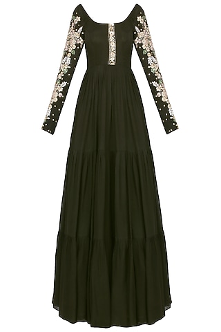Olive Green Silk Georgette Embroidered Anarkali Set For Girls by Pleats by Kaksha - Kids