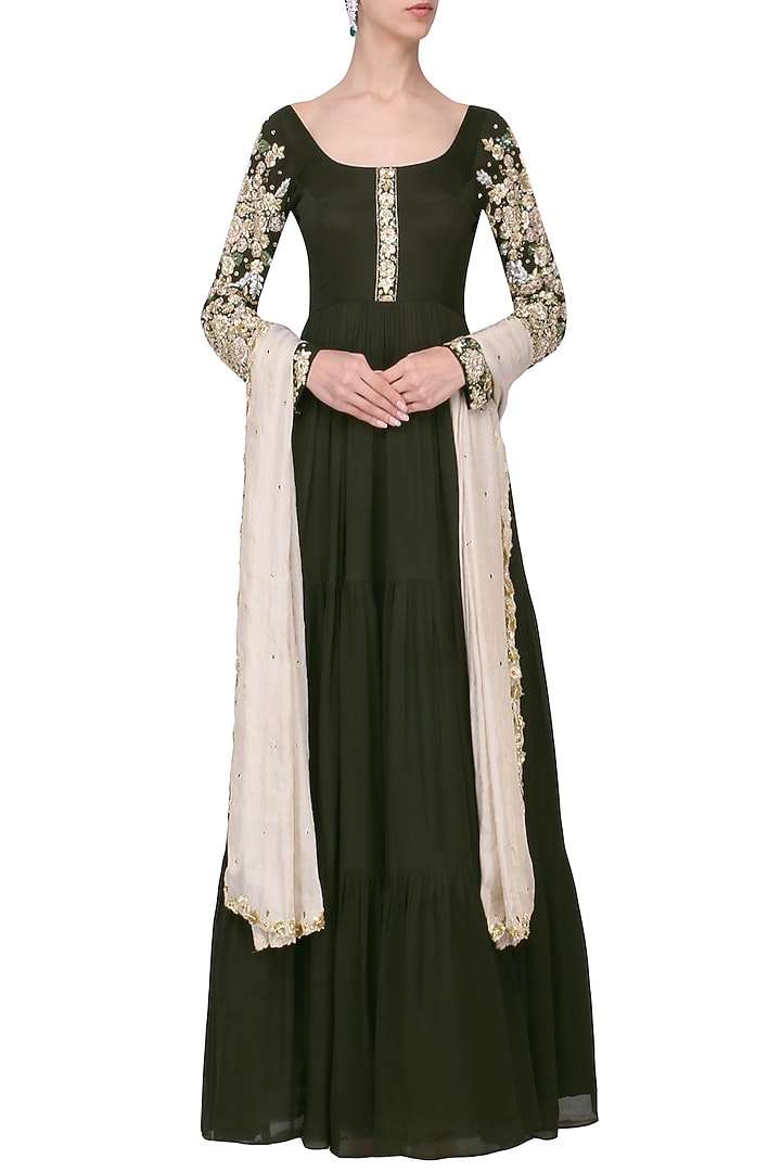 Olive Green Silk Georgette Embroidered Anarkali Set For Girls by Pleats by Kaksha - Kids at Pernia's Pop Up Shop
