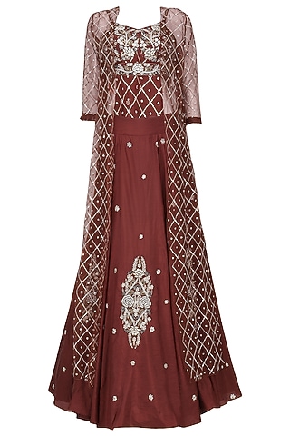 Rust Red Silk Embroidered Skirt Set For Girls by Pleats by Kaksha - Kids