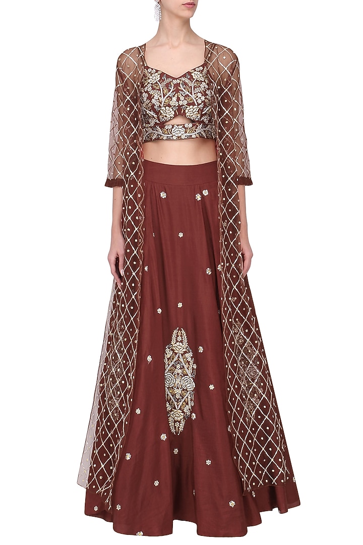 Rust Red Silk Embroidered Skirt Set For Girls by Pleats by Kaksha - Kids at Pernia's Pop Up Shop