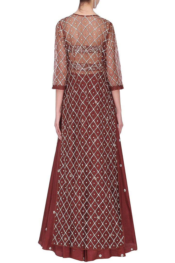 Rust Red Silk Embroidered Skirt Set For Girls by Pleats by Kaksha - Kids at Pernia's Pop Up Shop