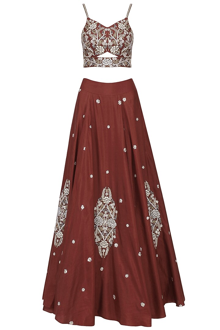 Rust Red Silk Embroidered Skirt Set For Girls by Pleats by Kaksha - Kids at Pernia's Pop Up Shop