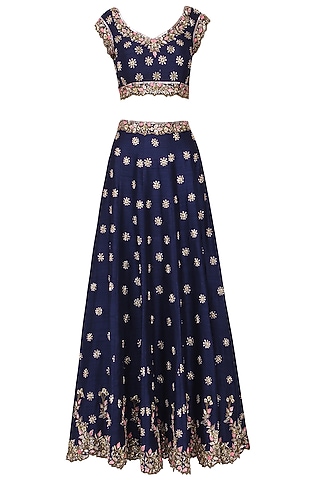 Royal Blue Embroidered Lehenga Set For Girls by Pleats by Kaksha - Kids