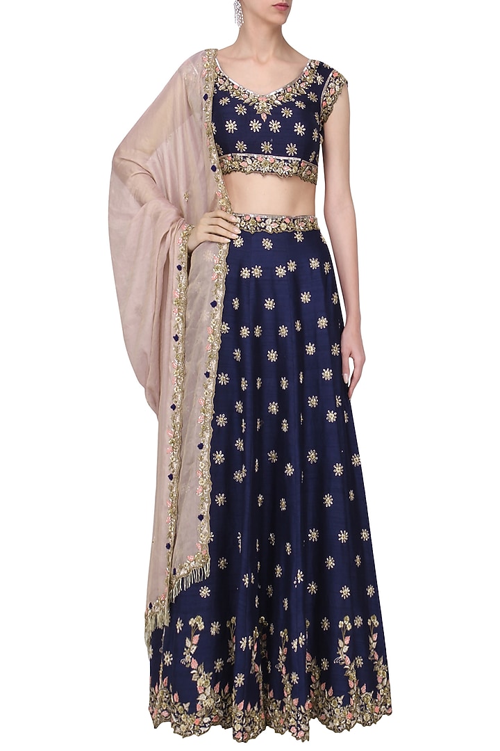 Royal Blue Embroidered Lehenga Set For Girls by Pleats by Kaksha - Kids at Pernia's Pop Up Shop