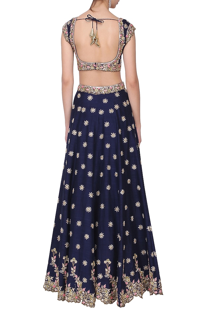 Royal Blue Embroidered Lehenga Set For Girls by Pleats by Kaksha - Kids at Pernia's Pop Up Shop