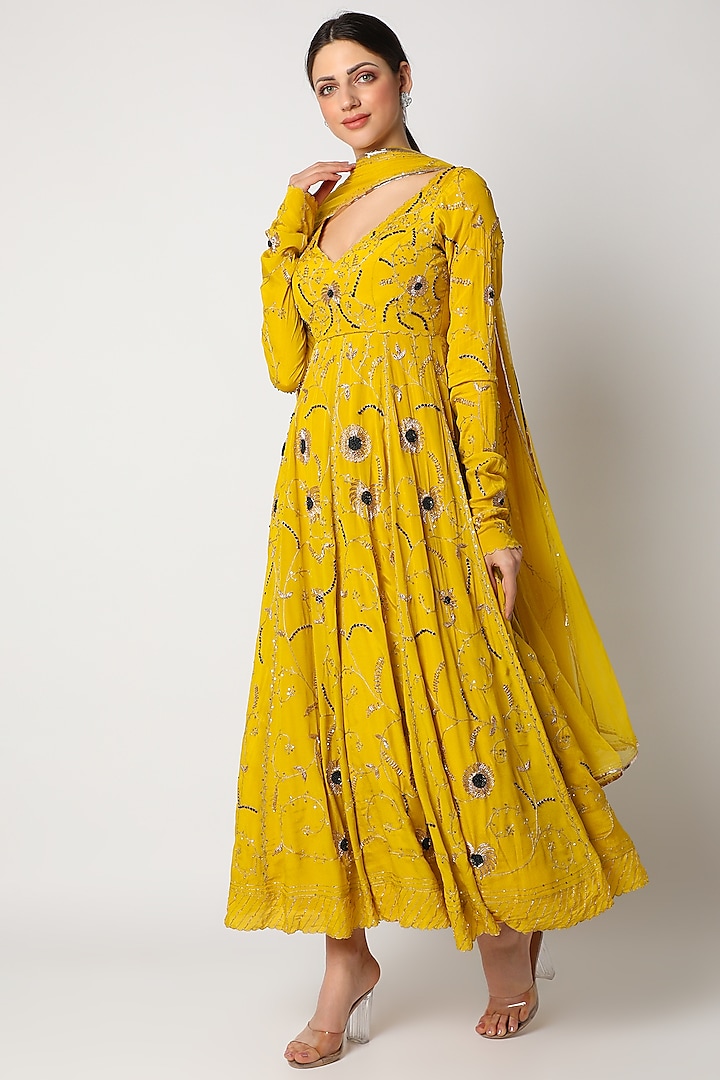 Pineapple Yellow Crepe Embroidered Anarkali Set For Girls  by Pleats by Kaksha - Kids