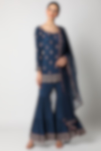 Sapphire Blue Embellished Tunic Set For Girls by Pleats by Kaksha - Kids at Pernia's Pop Up Shop
