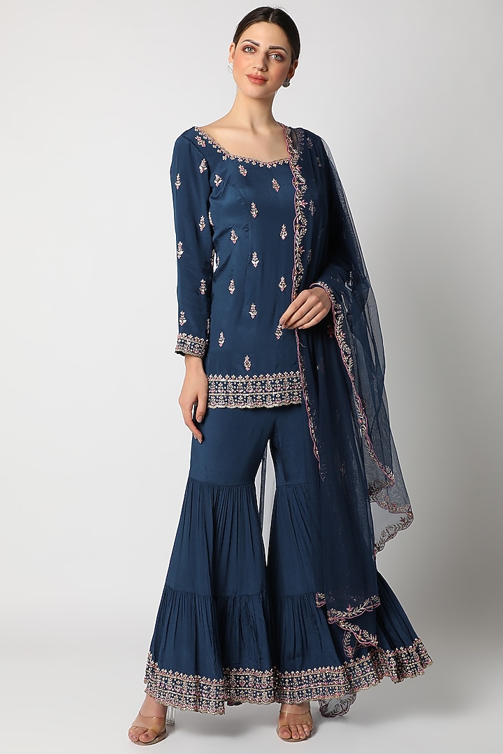 Sapphire Blue Embellished Tunic Set For Girls by Pleats by Kaksha - Kids at Pernia's Pop Up Shop