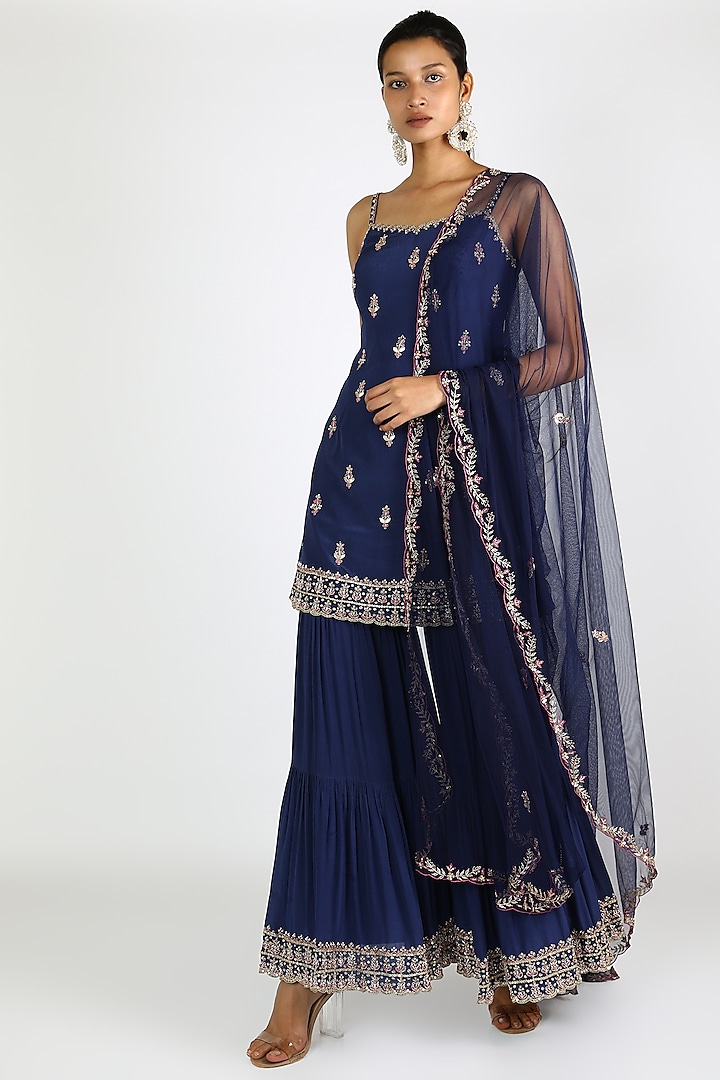 Cobalt Blue Embroidered Sharara Set For Girls by Pleats by Kaksha - Kids