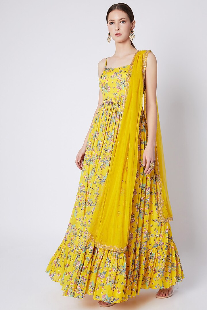 Yellow Crepe Embroidered & Printed Anarkali With Dupatta For Girls by Pleats by Kaksha - Kids