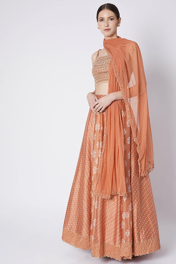 Orange Crepe Embroidered & Printed Lehenga Set For Girls by Pleats by Kaksha - Kids at Pernia's Pop Up Shop