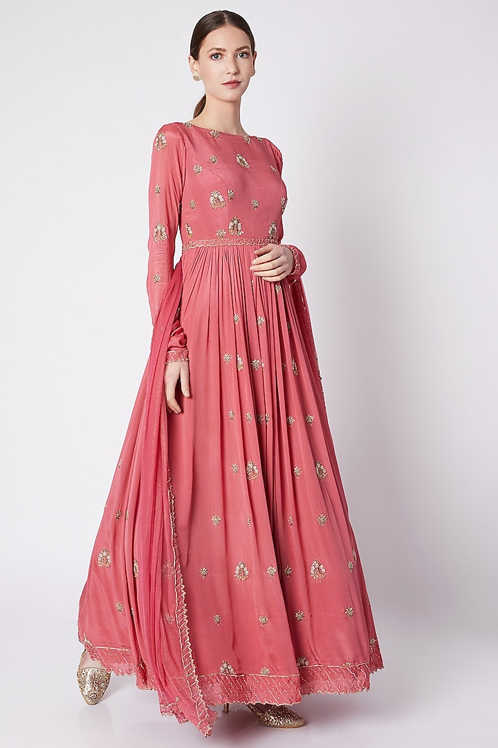 Pink Embroidered Anarakli With Dupatta For Girls by Pleats by Kaksha - Kids