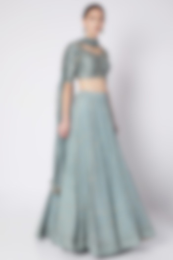 Aqua Blue Crepe Embroidered Lehenga Set For Girls by Pleats by Kaksha - Kids at Pernia's Pop Up Shop