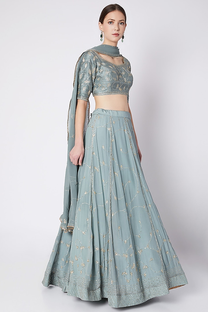 Aqua Blue Crepe Embroidered Lehenga Set For Girls by Pleats by Kaksha - Kids at Pernia's Pop Up Shop