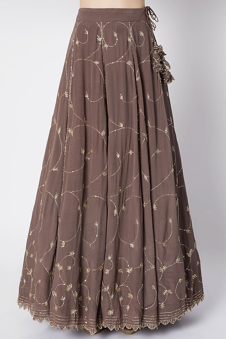 Brown Crepe Embroidered Lehenga Set For Girls by Pleats by Kaksha - Kids at Pernia's Pop Up Shop