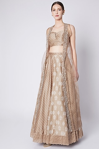 Beige Printed & Embroidered Jacket Lehenga Set For Girls by Pleats by Kaksha - Kids