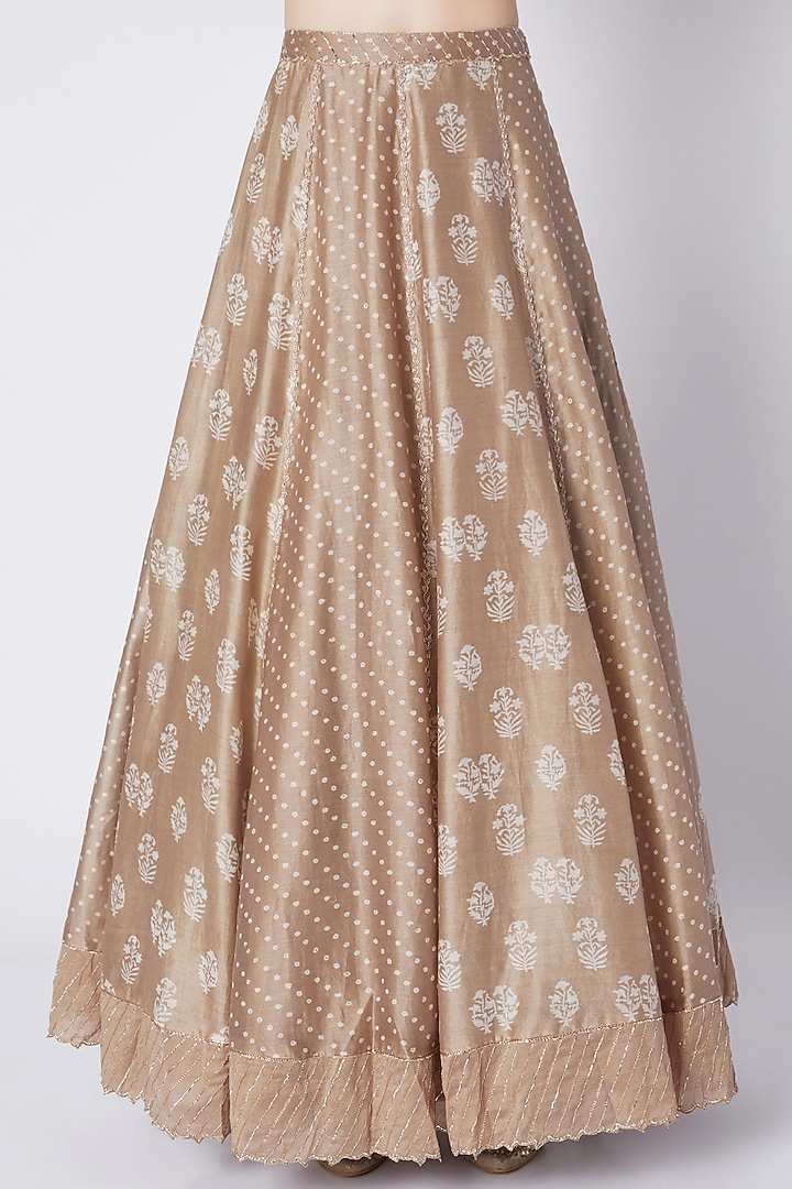 Beige Printed & Embroidered Jacket Lehenga Set For Girls by Pleats by Kaksha - Kids at Pernia's Pop Up Shop