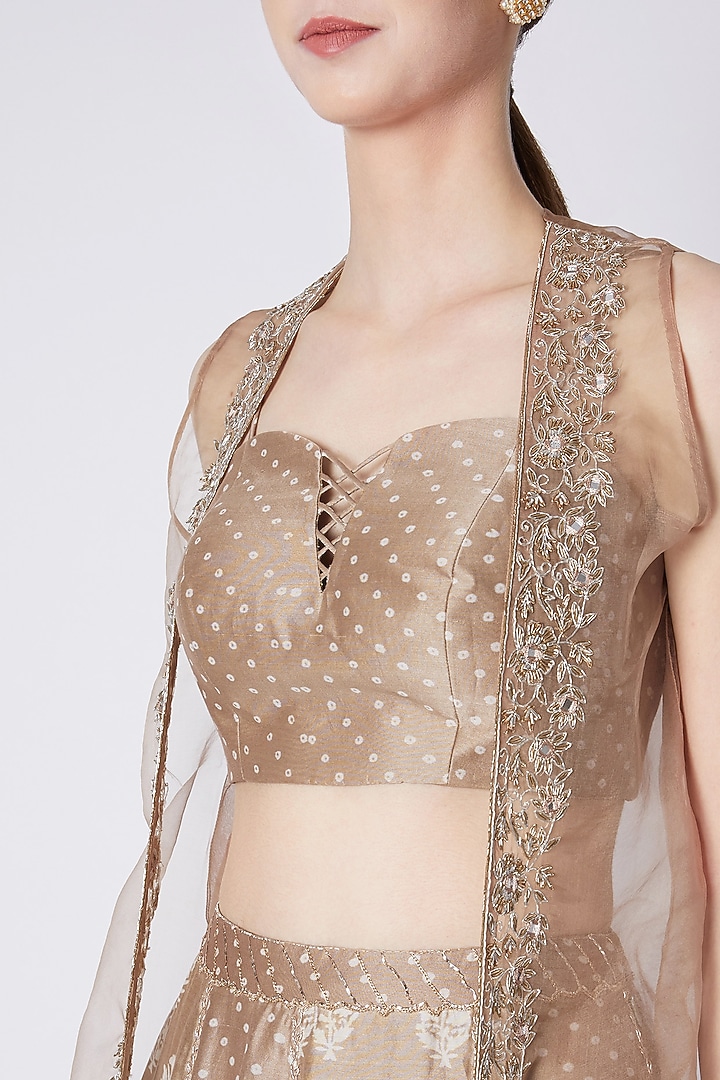 Beige Printed & Embroidered Jacket Lehenga Set For Girls by Pleats by Kaksha - Kids at Pernia's Pop Up Shop