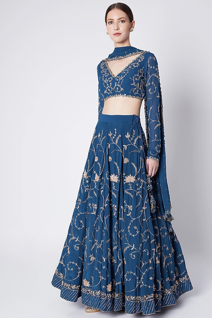 Persian Blue Crepe Embroidered Lehenga Set For Girls by Pleats by Kaksha - Kids at Pernia's Pop Up Shop