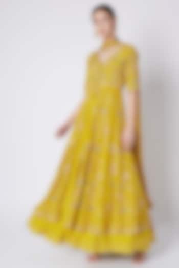 Lemon Yellow Crepe Embroidered Jacket Set For Girls by Pleats by Kaksha - Kids at Pernia's Pop Up Shop